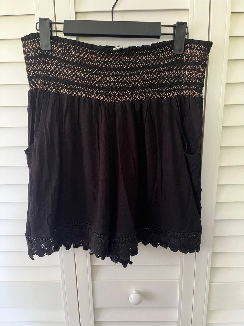 Earthbound Black Crochet Hem Smocked Waist Short